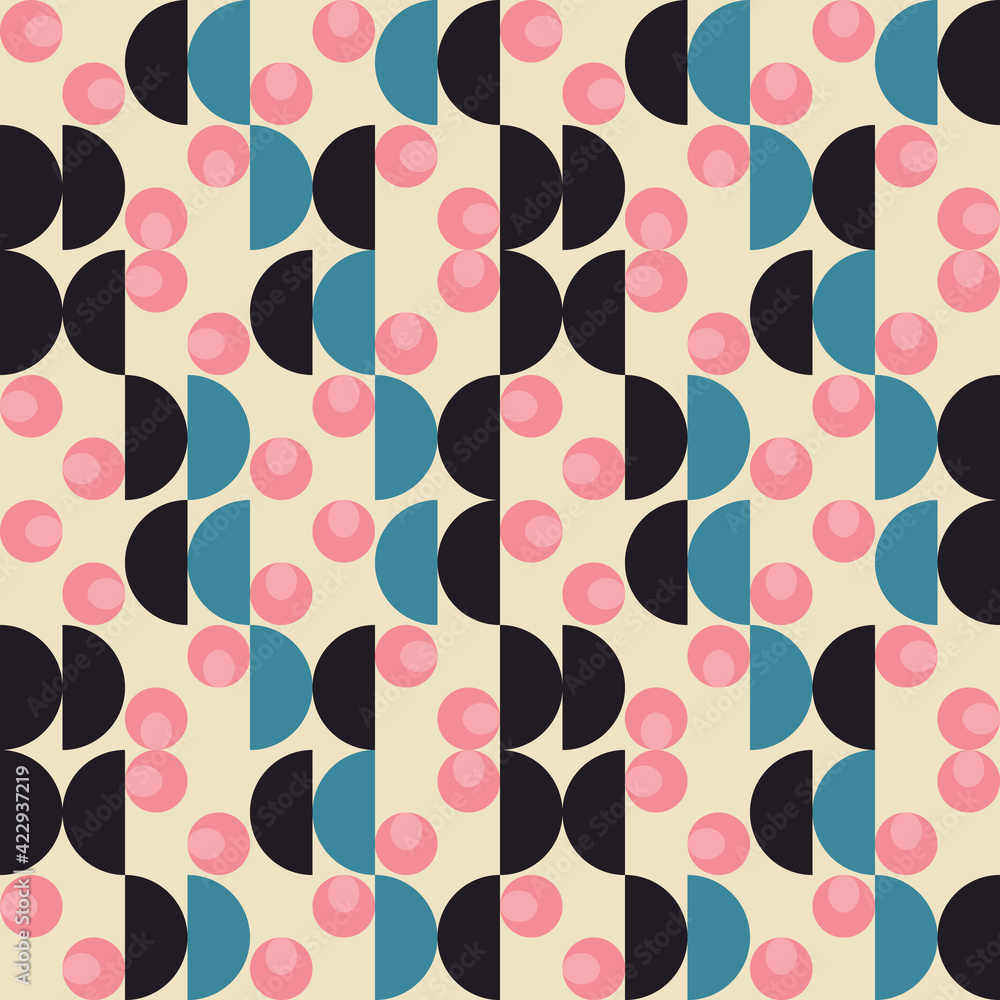 Aufkleber Modern vector abstract seamless geometric pattern with semicircles and circles in retro scandinavian style. Pastel colored simple shapes background.