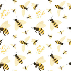 Seamless pattern with bees. Vector hand draw illustration.