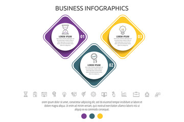 Modern and simple flat vector circles infographic with 3 steps, rhombus. Timeline for diagram, chart, workflow layout, presentations, flowchart, info graph, content, levels, chart, processes diagram