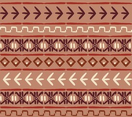 Tribal ethnic vector pattern in brown and ochre shades with geometric stripes.