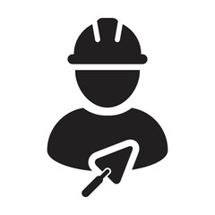 Labor icon with trowel vector male construction mason contractor worker person profile avatar with hardhat helmet in a glyph pictogram illustration