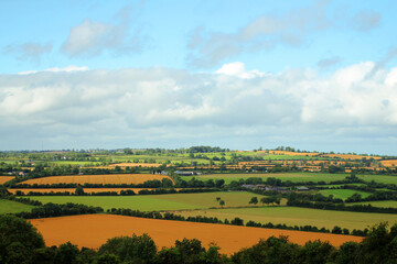 Colorful Irish countryside. Panorama of agricultural fields of the Emerald Isle.