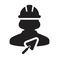 Builder icon with trowel vector female construction mason contractor worker person profile avatar with hardhat in a glyph pictogram illustration