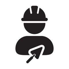 Construction worker icon with trowel vector male contractor person profile avatar with hardhat helmet in a glyph pictogram illustration