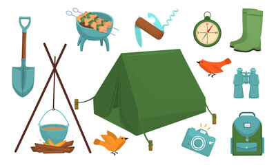 set of vector illustrations on the theme of tourism and hiking isolated on a white background