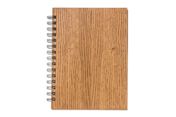Notepad with white pages and a wooden brown boxcover, lies on a white isolated background. View from above
