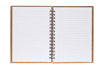 Opened notepad with white pages and a wooden brown box-spring cover, lies on a white isolated background. View from above
