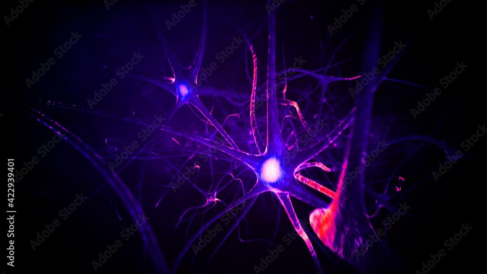 Poster conceptual 3d illustration of neuron cells with glowing link knots. synapse and neuron cells sending