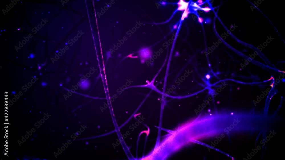 Poster synapse and neuron cells sending electrical chemical signals. 3d animation in pink and violet colors