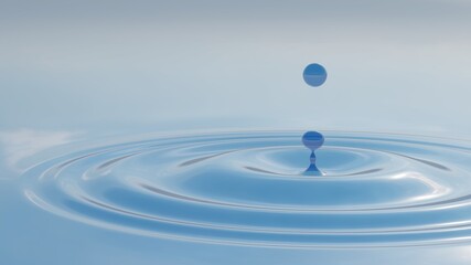 Concept or conceptual blue liquid drop falling in water on background with ripples and waves. 3d illustration metaphor for nature, natural, summer, spa, cool, business, environment, rain or health
