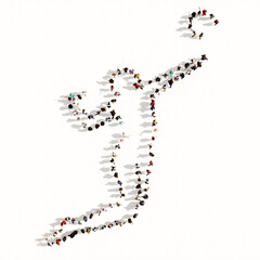 Concept or conceptual large community of people as the image of a volleyball player on white background.  A 3d illustration metaphor for sport, competition, training,  relaxation, family and fun