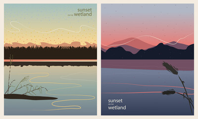 Sunset on Wetland, set of multi colored backgrounds of a lagoon or lake with mountain silhouettes, rushes, grass and water reflections. Flat style with hand drawn lined strokes. Vectored illustration.
