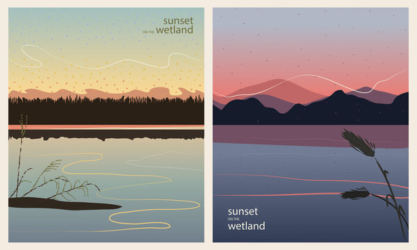 Sunset on Wetland, set of multi colored backgrounds of a lagoon or lake with mountain silhouettes, rushes, grass and water reflections. Flat style with hand drawn lined strokes. Vectored illustration.