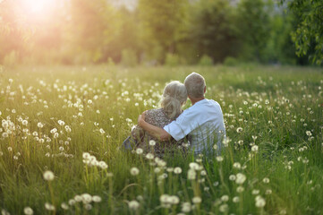 happy senior coupleon green meadow with dandelions