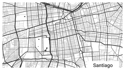 Map of Santiago city, Chile. Horizontal background map poster black and white, 1920 1080 proportions.
