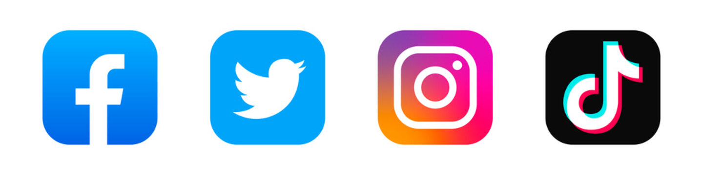 Facebook, Twitter, Instagram and Tik tok icon. Social media logos. HAISYN, UKRAINE - MARCH 24, 2021