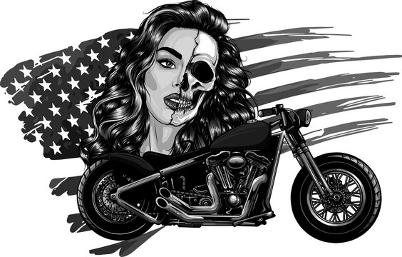 Vector Illustation Vintage Chopper Motorcycle With Woman Face And American Flag