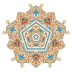 Pentagonal ornamental mandala, Five-pointed ornament, Isolated design element, Vector illustration