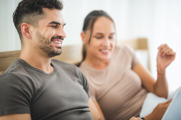 Fototapeta premium couple person working from home with laptop computer, online digital cyberspace business working, technology online communication for working in new normal lifestyle of business person worker at home