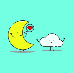 Cute moon and cloud with love icon illustration. modern simple vector icon, flat graphic symbol in trendy flat design style.