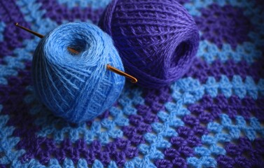Plaid crocheted from blue and lilac threads