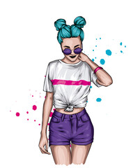 Beautiful girl in stylish shorts and top. Illustration for a postcard or poster, fashion and style.