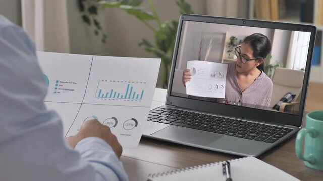 business people work from remote discuss company data report in video chat conference,man at his desk partecipates online meeting,female businesswoman sharing corporate results distance working