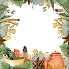Watercolor frame with leaves, teapot, leaves, cup, cinnamon and ginger. Tea set. Frame for coffee shop, menu, restaurant.