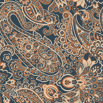 Floral vintage background with paisley ornament. Seamless vector pattern