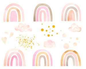 Watercolor hand painted rainbows and clouds set with gold splash. Illustration isolated on white background. Design for logo, baby textile, print, nursery decor, children decoration, kids room. 