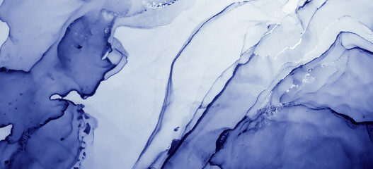 Naklejka premium Water Ink Paint. Fluid Wave Background. Blue Liquid Texture. Ink Painting. Watercolour Grunge Drops. Winter Effect. Indigo Art Print. White Geode Art. Snow Wallpaper. Abstract Ink Paint.