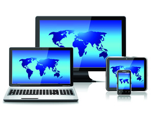 Computer monitor, laptop, tablet pc, and mobile smartphone with world map isolated