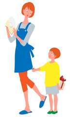 プレゼントを渡す男の子と食器をふきながら振り返るエプロン姿の女性