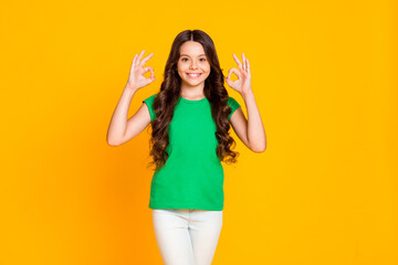 Photo of young charming pretty smiling good mood lovely girl showing okay sign isolated on yellow...