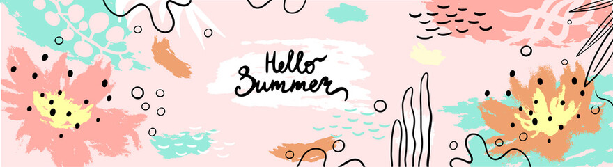 Banner of hello summer. Fashionable summer design with typography, hand strokes and dots, strokes, leaves, in pastel colors. Modern minimalist style. Horizontal poster, greeting card, website title © Валерия Барханова