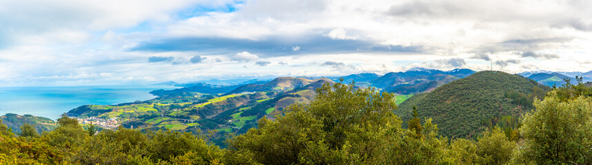 Panoramic view of the town and the sea from Mount Arno in the municipality of Mutriku in Gipuzkoa. Basque Country, Spain