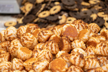 Coconut and peanuts cookies, kosher for Passover, for sale at Mahane Yehuda Market, popular marketplace in Jerusalem
