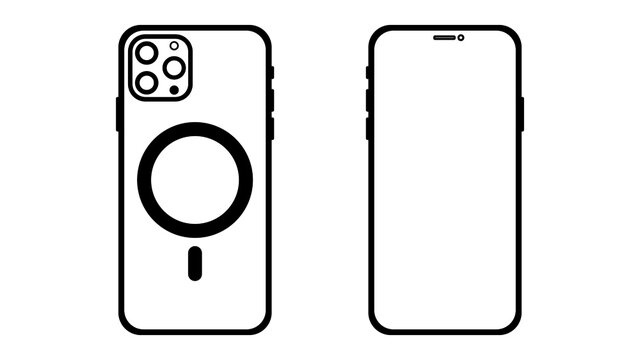 Outline line drawing Front and backside of modern smartphone, Wireless Charge Smart Device icon Isolate on White Background.