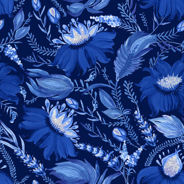 Blue Floral seamless pattern in Ukrainian folk painting style Petrykivka. Hand drawn fantasy flowers, leaves, branches isolated on a dark indigo blue background. Batik paint, wallpaper, textile print