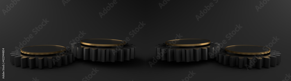 Wall mural 3d rendering. minimal abstract scene with pedestal is a gears with a golden border. podium for displ