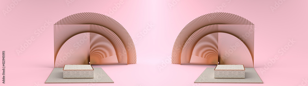 Wall mural 3d rendering of square marble pedestal. and bending a golden square frame into a overlap art dimensi