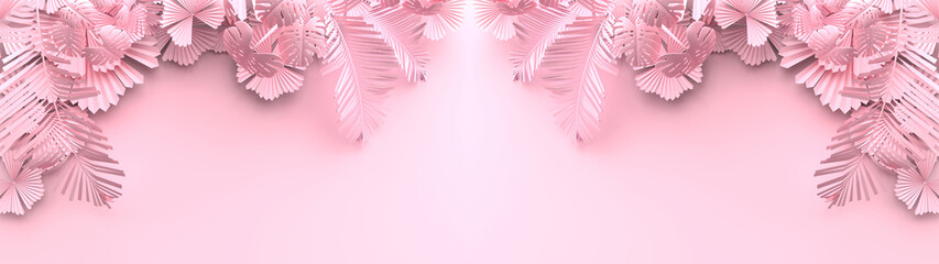3D rendering of The pink leaves and violet palm overlap to form art dimensions, And there is empty space pastel pink, Concept art, On pink pastel Background, Background and 3d nature, illustration.