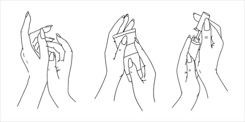 Set of Beautiful female hands with manicure. Nail polish. Hand and nail care. Hand drawn by lines. Vector illustration isolated on white background.