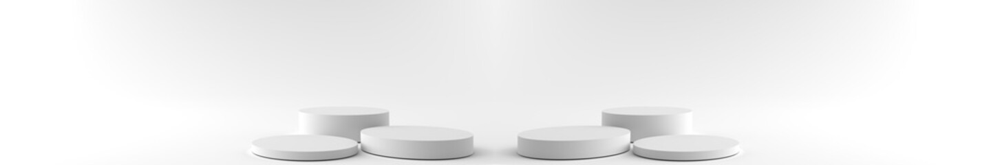 3D rendering of Round white pedestal, Podium for display product on the white floor. Pedestal can be used for commercial advertising, Isolated on white background, Product Presentation, illustration.