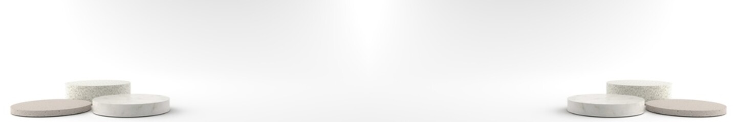 3D rendering of Round marble Pedestal, Podium for display product on the white floor. Pedestal can be used for commercial advertising, Isolated on white background, Product Presentation, illustration.