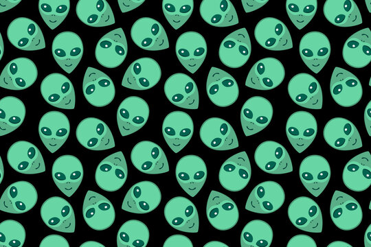 Seamless pattern with Aliens green heads. UFO, Humanoids endless backdrop isolated. Smiling visitors, Martians. Vector illustration, wallpaper on theme of space, conspiracy theory, Sci-fi, fantastic