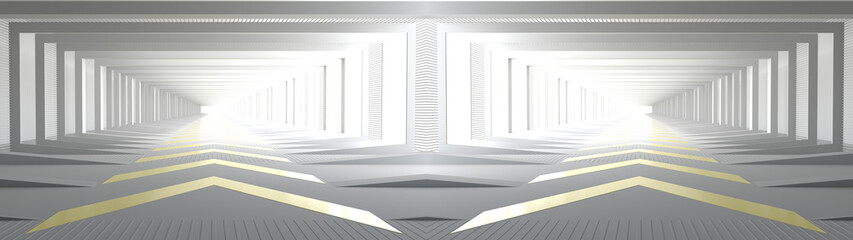 3D rendering of white empty room space and the pathway area indefinitely with the gap glowing in the dark and shadow. Museum space design. Forward arrow symbol and the gap, On the white floor.