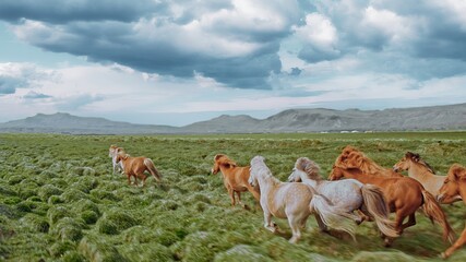 Epic Aerial Over Wild Horses Running Galloping In Wild Nature Through Mountain Hills Golden Hour...