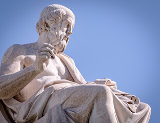 Plato, the ancient Greek philosopher white marble statue under blue sky background, space for your text. - obrazy, fototapety, plakaty