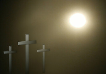 Naklejka premium Three crosses with full moon and darkness background, Easter or Resurrection concept, space for the text, design style.
